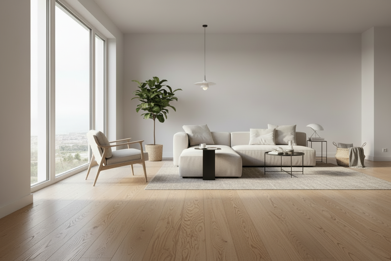 Brushed oak hardwood flooring with yellow tones in living room
