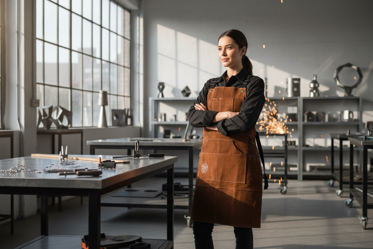 Leather Welding Apron in modern studio with dramatic lighting