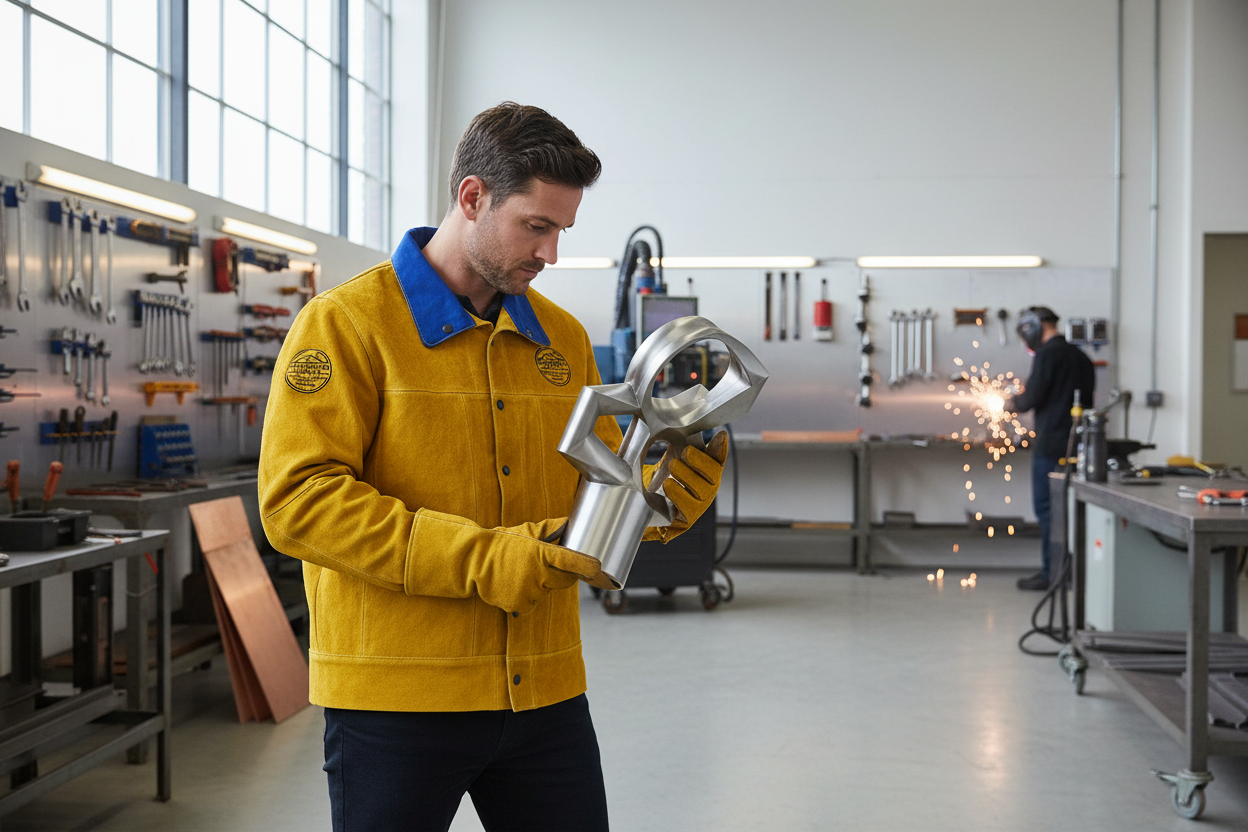 Leather Welding Jacket in modern fabrication shop